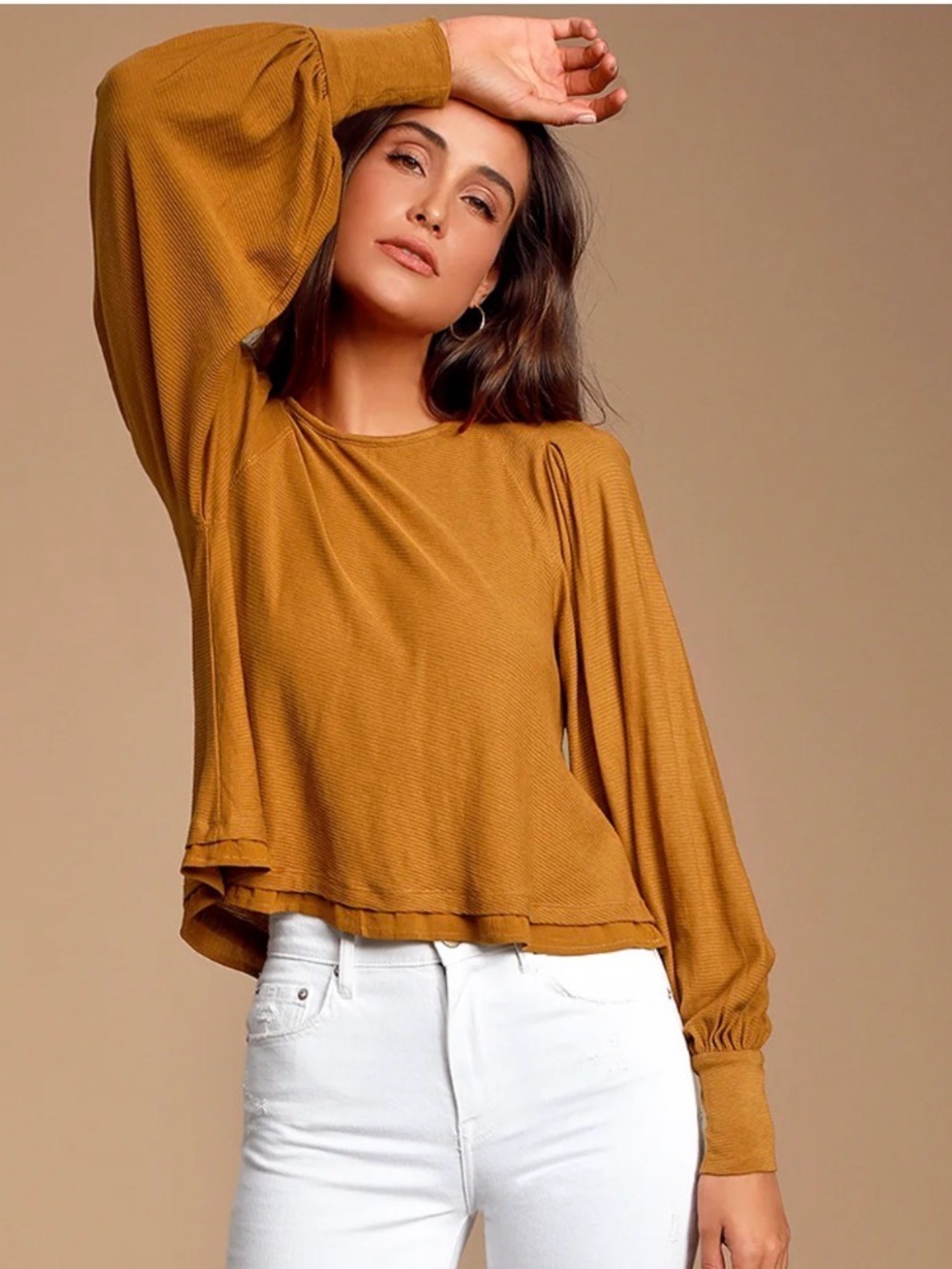 Free People Billie Ribbed Balloon Long Sleeve Blouse Brown Top Small Mustard